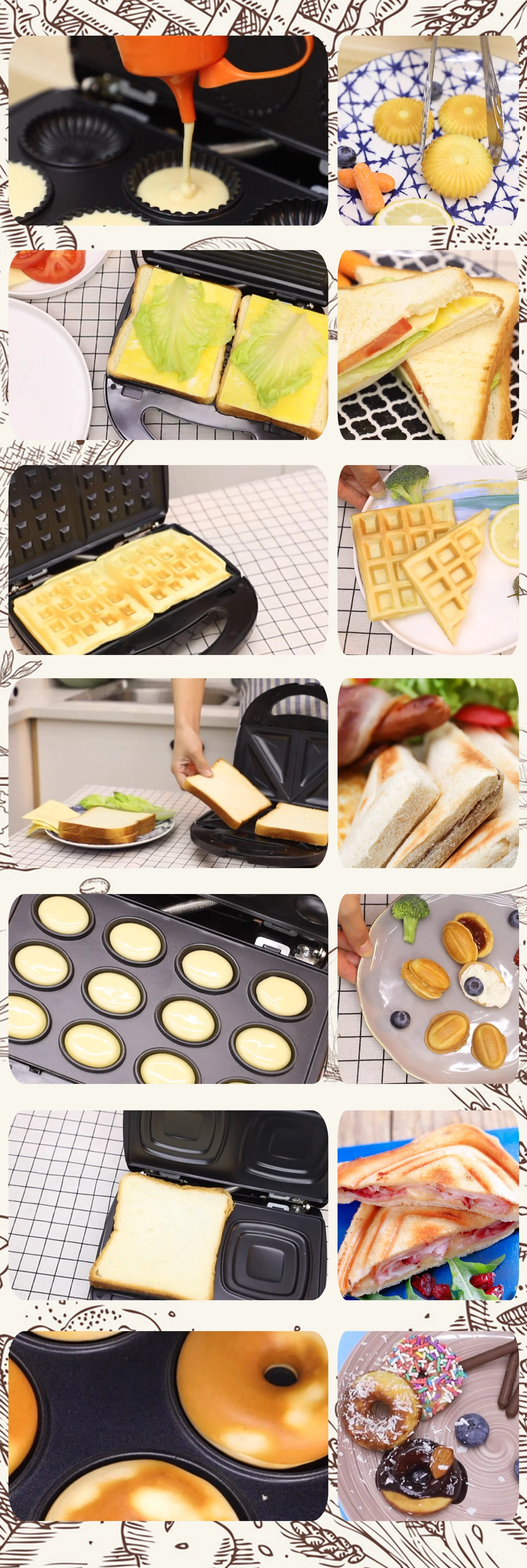 Electric Waffle Maker 7 In 1 Grill Sandwich Cake Donut Walnut Panini Plate Cooking Kitchen Appliances Toaster Breakfast Machine